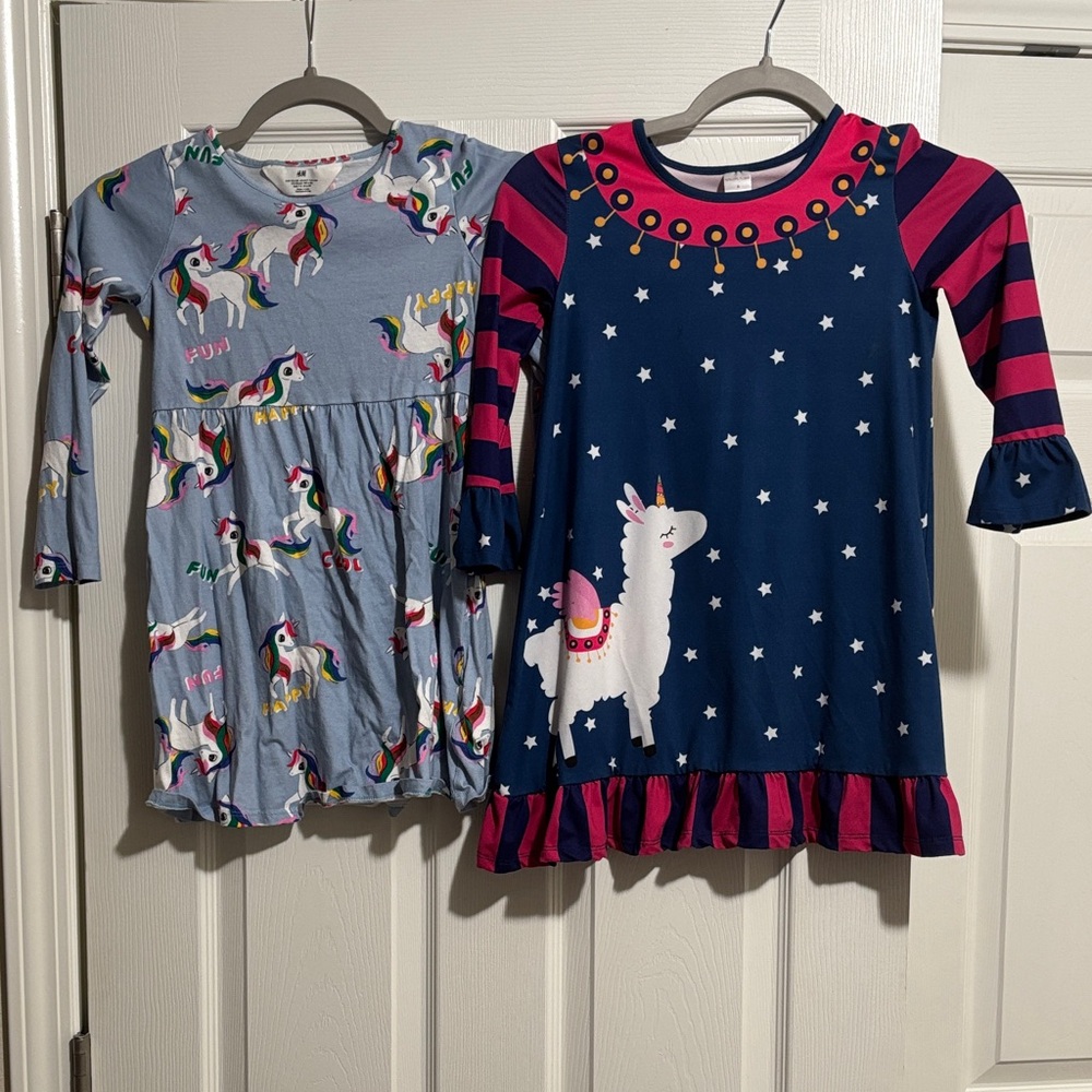 Kids Unicorn and Llama Dresses Set - Blue and Pink